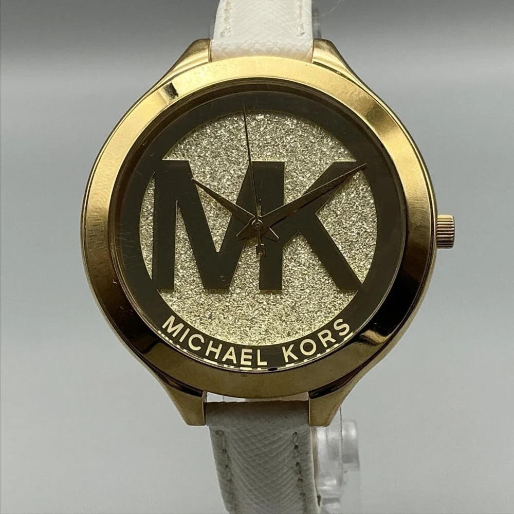 Michael Kors MK-3389 Womens Watch 42mm Gold Tone MK Logo Leather New Battery